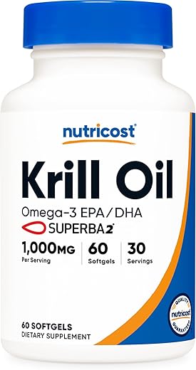 Krill Oil 1000mg, 60 Softgels – Ômega-3 EPA-DHA com Superbakrill – Óleo de Krill em Cápsulas - Nutricost