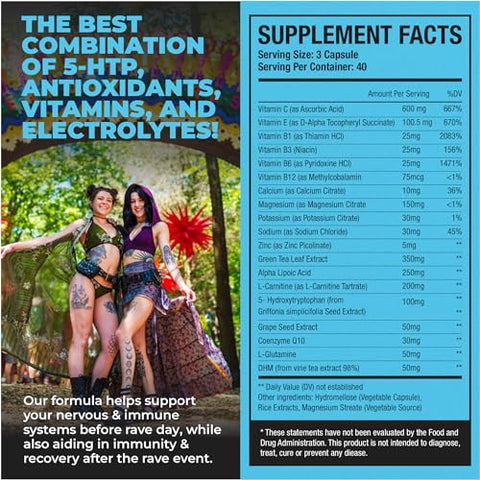 Hydralit - Rave Recovery Aid Vitamins – Pílulas de Alívio Pós-Festa para Festivais de Música – Acessórios Essenciais para Rave – Suplemento 5-HTP, Eletrólitos e Hidratação – Manhãs Melhores com Serotonina e Energia – Combate a Ressaca