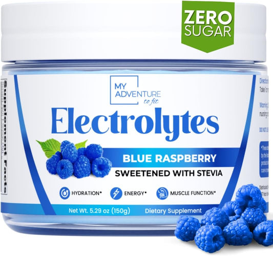 My Adventure to Fit - Zero Sugar – Pó de Eletrólitos de Framboesa Azul – Hidratação Refrescante – Energia Livre de Cafeína – Ingredientes Naturais – Vegano, Keto e Paleo – Pó de Eletrólitos Sem Açúcar