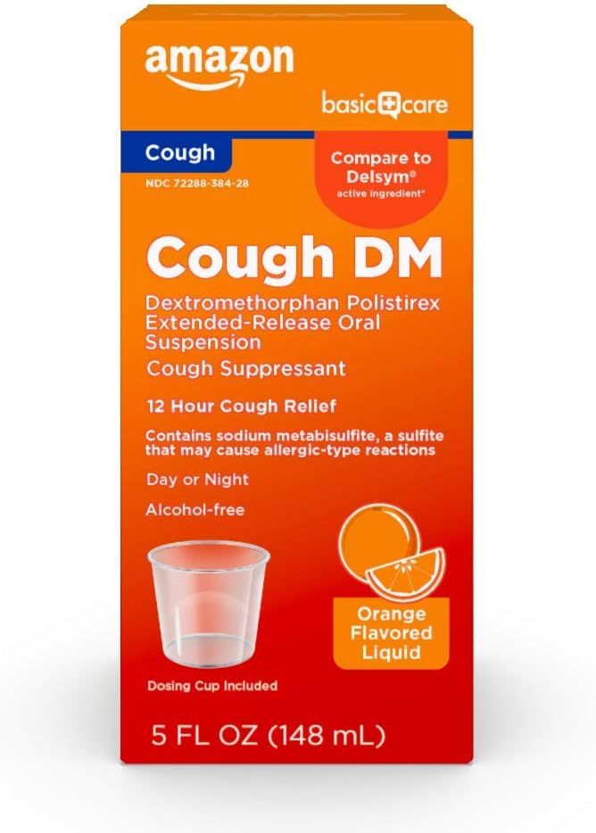 Xarope para Tosse DM de 12 Horas, Dextrometorfano de Liberação Prolongada, Sabor Laranja, Medicamento Líquido, 150 ml (1 Frasco) - Amazon Basic Care