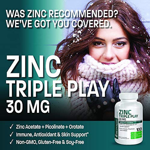 Zinc Triple Play 30 mg – Suporte Imunológico Triplo com Acetato e Picolinato de Zinco – 60 cápsulas - Bronson