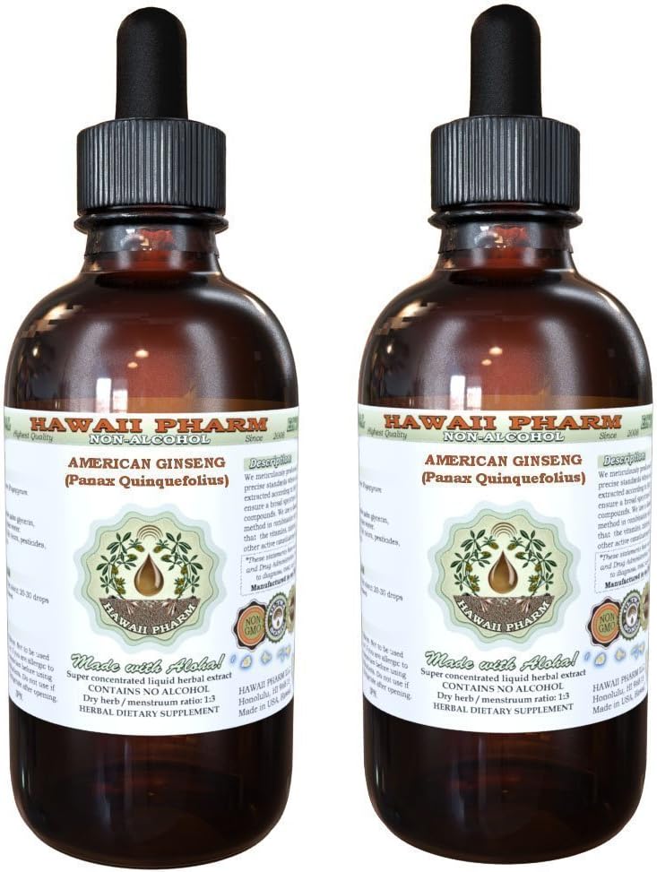 Ginseng Americano Extrato Líquido Sem Álcool, Raiz Seca de Ginseng (Panax Quinquefolius) Glicerito de Raiz Desidratada Hawaii Pharm Suplemento Herbal Natural 2×2 ml