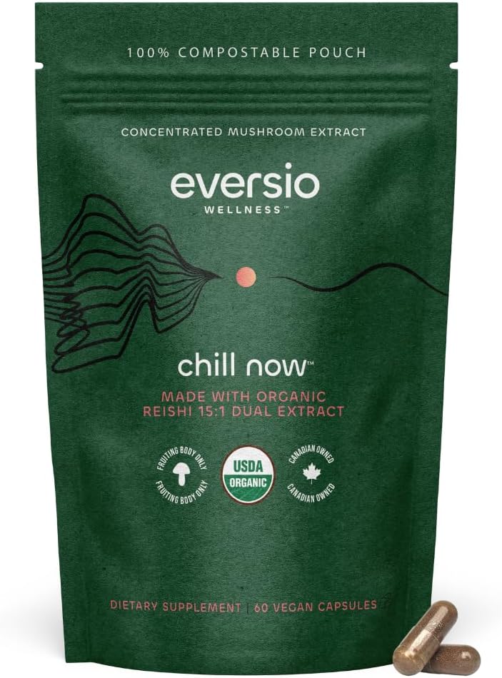 Eversio Wellness - CHILL Now – Suplemento Orgânico de Cogumelo Reishi – Extrato Dual 15:1 em 60 Cápsulas Veganas (250mg)
