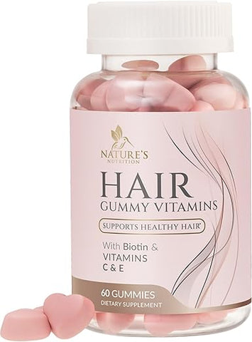 Nature's Nutrition - Vitaminas para Cabelo Livres de Açúcar em Gomas com Biotina 5000 mcg, Vitamina A, B12, C, D, E, Ácido Fólico, Suporta o Crescimento Capilar em Goma, Amigável para Vegetarianos, Suporta Cabelos Fortes e Bonitos