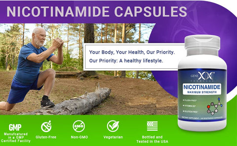 Genex Formulas - GENEX Nicotinamida 500mg (3-Pack) Cápsulas de Niacina Flush Free Vitamina B3 para Pele Saudável – Suplemento de Niacinamida Ajuda a Produzir Queratina