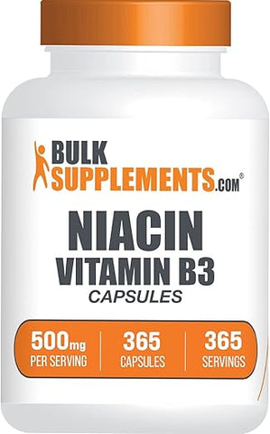 com Cápsulas de Niacina – Niacina Flush, Suplemento de Vitamina B3 Niacina, 500mg de Niacina – com Flushing, Sem Glúten, 1 Cápsula por Porção, 365 Cápsulas (Pacote de 1) - BulkSupplements