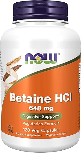 NOW Foods - NOW FOODS Betaine Hcl – 120 Cápsulas | Aumente a digestão saudável | Suporte para o estômago | 120 Cápsulas | Marca NOW FOODS