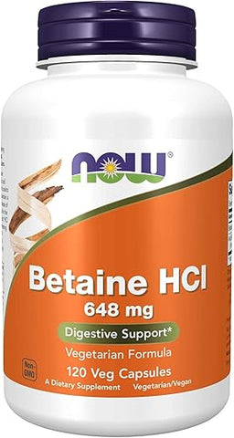 NOW Foods - NOW FOODS Betaine Hcl – 120 Cápsulas | Aumente a digestão saudável | Suporte para o estômago | 120 Cápsulas | Marca NOW FOODS