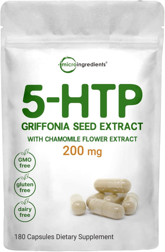 5-HTP 200mg com Extrato de Flor de Camomila, 180 Cápsulas, Fórmula 2 em 1, 98%% Extrato de Semente de Griffonia, Potencializado com Camomila | Altamente Bioabsorvível para o Humor, Melhora do Sono e Bem-Estar - Micro Ingredients