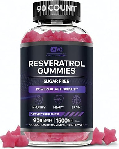 EFFECTIVE NUTRA - Resveratrol Gummies 1500mg – Suplemento Sem Açúcar de Resveratrol para Suporte Antioxidante, Imunidade, Saúde Cardíaca, Função Cerebral – Sabor Natural de Framboesa e Melancia (90 Unidades)