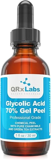 QRxLabs - Gel Peel de Ácido Glicólico 70% com Extratos de Camomila e Chá Verde – Peeling Químico Profissional para Acne, Manchas, Estimulação de Colágeno, Rugas e Linhas Finas – 1 Frasco de 1