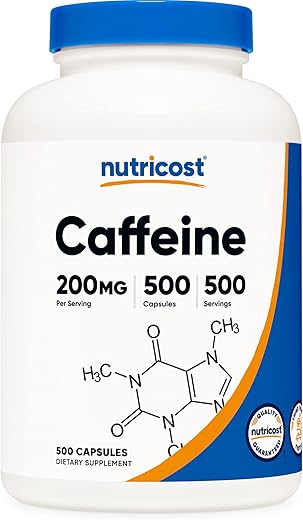 Cápsulas de Cafeína, 200mg por Porção (500 Cápsulas) - Nutricost