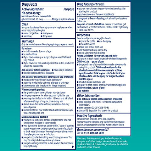 24HR Spray Nasal para Alergia, Congestão Nasal, Alívio Não Sonolento em Força Total de Prescrição, 120 Sprays - Nasonex