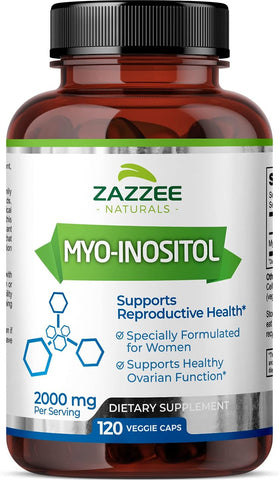 Cápsulas de Myo-Inositol, 2000 mg por Porção, 120 Cápsulas Veganas, Dosagem Ideal para Proporção 40:1, 100%% Vegetariano, Equilíbrio Hormonal - Zazzee