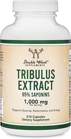 Double Wood Supplements - Tribulus Terrestris para Homens (Conteúdo de Saponina Pura de 95%%) 210 Cápsulas, 1.000mg de Extrato Concentrado de Frutas (Testado por Terceiros, Seguro para Veganos, Não-OGM) para Resistência e Energia