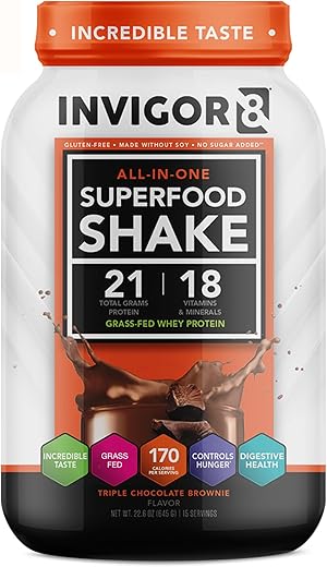 Shake de Proteína Isolada de Soro de Leite de Pasto Superfood Sabor Chocolate Brownie – Substituto de Refeição sem Glúten e Não-OGM com Probióticos e Ômega 3 (645g) - INVIGOR8