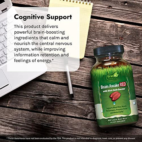 Brain Awake – Impulsionadores de Óxido Nítrico Vermelho para Desempenho Aprimorado e Foco – 60 Cápsulas - Irwin Naturals