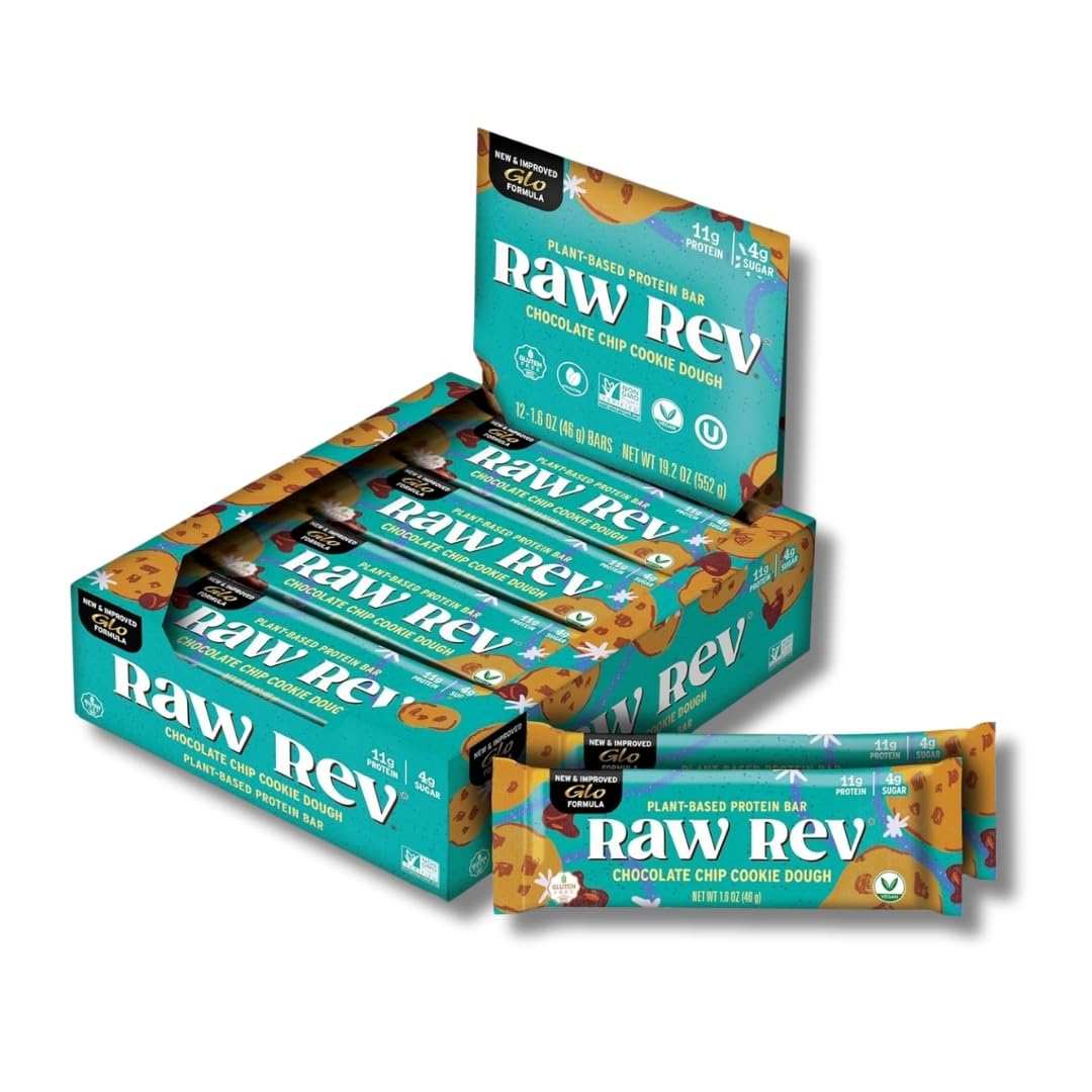 Raw Rev Glo - Barras Veganas de Alta Proteína Raw Rev, Massa de Biscoito com Gotas de Chocolate, 12g de Proteína Vegetal, 11g de Fibra, Keto, Não-OGM, 45g, Pacote com 12