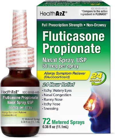 Spray Nasal de Propionato de Fluticasona | 50 mcg por spray | Alívio de Alergia por 24 Horas | 72 Sprays | 11.1 mL | Alívio de Congestão Nasal | Coriza | Espirros - HealthA2Z
