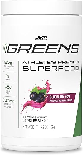 JYM Supplement Science - JYM Greens Super Food em Pó para Performance – Blueberry Acai, Spirulina, Cogumelos, Vitaminas, BroccoPhane – 100g