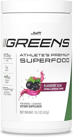 JYM Supplement Science - JYM Greens Super Food em Pó para Performance – Blueberry Acai, Spirulina, Cogumelos, Vitaminas, BroccoPhane – 100g