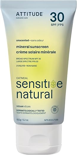 Protetor Solar Mineral ATTITUDE para Pele Sensível, Verificado pelo EWG, Amplo Espectro UVA/UVB, Testado Dermatologicamente, Fórmula à Base de Plantas e Minerais, Vegano, FPS 30, Sem Fragrância, 150 ml