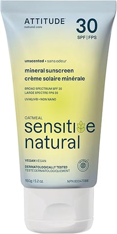 Protetor Solar Mineral ATTITUDE para Pele Sensível, Verificado pelo EWG, Amplo Espectro UVA/UVB, Testado Dermatologicamente, Fórmula à Base de Plantas e Minerais, Vegano, FPS 30, Sem Fragrância, 150 ml