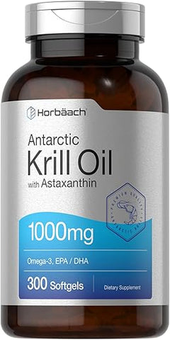 Óleo de Krill Antártico Horbäach 1000mg Cápsulas | 300 Unidades | Suplemento Ômega 3 com Astaxantina, EPA, DHA | Livre de Transgênicos, Sem Glúten