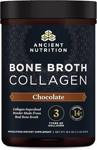 Colágeno em Pó de Caldo de Osso, Chocolate, Peptídeos de Colágeno Hidrolisado, Suporte para Pele e Unhas, 30 Porções, 18,6g - Ancient Nutrition