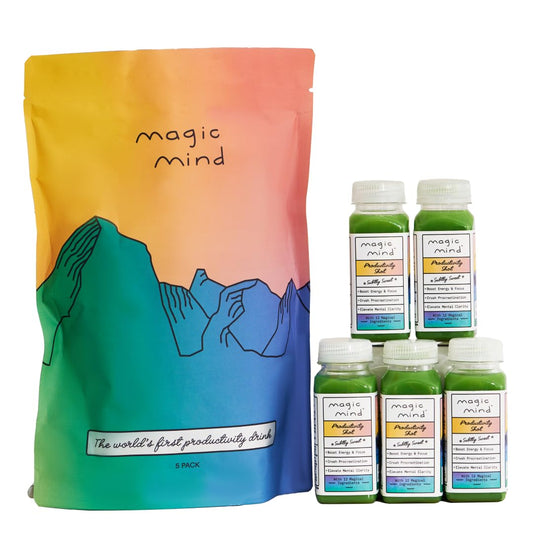 Focus Energy Drink Shots – Sem Jitters, Alívio do Estresse, Ashwagandha, Cogumelos Funcionais, Chá Verde Matcha, Vitamina B12, Vitamina C – 60 ml (5 Pacotes) - Magic Mind