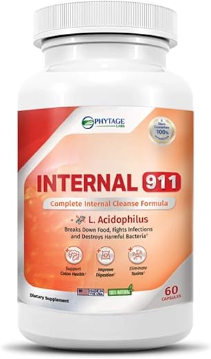 Phytage Labs - Internal 911 – Suplemento Detox para Limpeza do Cólon – Laxante Natural Elimina Toxinas para Melhor Digestão e Pele Radiante – 60 Cápsulas