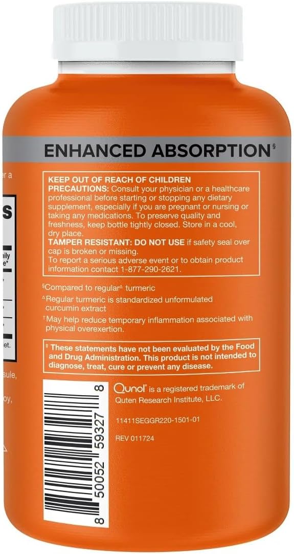 Qunols Cúrcuma Curcumina, 1500mg com Alta Absorção, Suporte para Articulações, Cápsulas de Cúrcuma Extra Forte, 220 Unidades