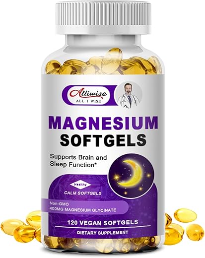 Alliwise - Magnésio Glicinato de Alta Absorção 400mg Cápsulas Softgels, 400 mg de Magnésio Elemental com 100mg de Cálcio – Altamente Bio disponível – com Vitamina D3