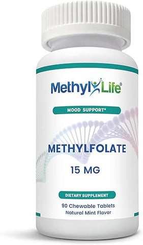 Methyl-Life - Purest L-Methylfolate 15 mg – Fórmula Farmacêutica de Grau Profissional de Força Ativa de Folate – Suprimento de 3 Meses. Mastigáveis. Livre de OGM. Methylfolate Livre de Glúten. Sabor Natural de Hortelã