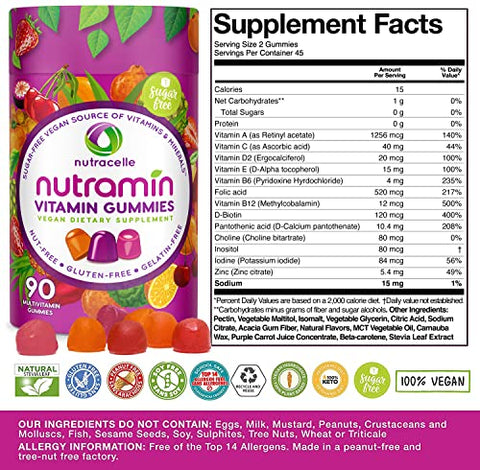 Nutracelle - NUTRAMIN Gomas Multivitamínicas Veganas Diárias Keto com Vitamina C, D2 e Zinco para Imunidade, à Base de Plantas, Sem Açúcar, Sem Nozes, Sem Glúten, com Biotina, Vitaminas A, B, B6, B12