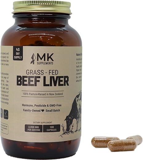 Fígado Bovino 3000 mg, Cápsulas de Fígado Bovino Liofilizado, 100%% Criados em Pasto na Nova Zelândia, 180 Cápsulas de Fígado, Suprimento de 45 Dias - MK Supplements