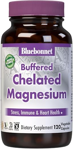 Nutrition Albion Buffered Chelated Magnesium 200 mg – Alívio do Estresse, Vegano, Sem OGM, Sem Glúten, Sem Soja, Sem Leite, Kosher – 120 Cápsulas Vegetais - Bluebonnet