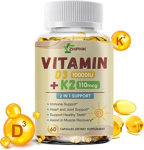 ZHPHK - Vitamina D3 K2 10.000 UI, Fórmula de Alta Potência de Vitamina K2 com D3, Suporte Imunológico e Ósseo