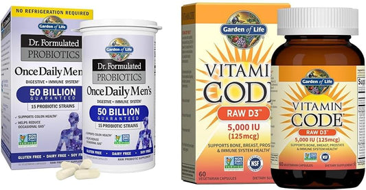 Probióticos para Homens 50 Bilhões UFC 15 Cepas Vitamina D3 5000 UI Raw D3 60 Cápsulas Vegetarianas - Garden of Life