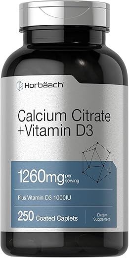 Calcium Citrate 1260 mg com Vitamina D3 1000UI | 250 Comprimidos | Vegetariano, Não-OGM, Sem Glúten | Marca Horbäach - Horbäach