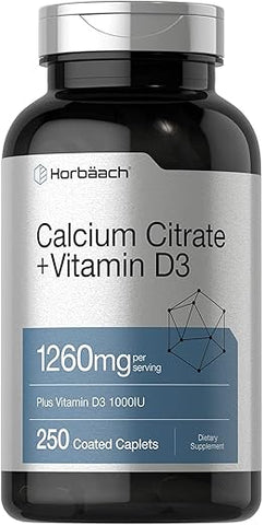 Calcium Citrate 1260 mg com Vitamina D3 1000UI | 250 Comprimidos | Vegetariano, Não-OGM, Sem Glúten | Marca Horbäach - Horbäach