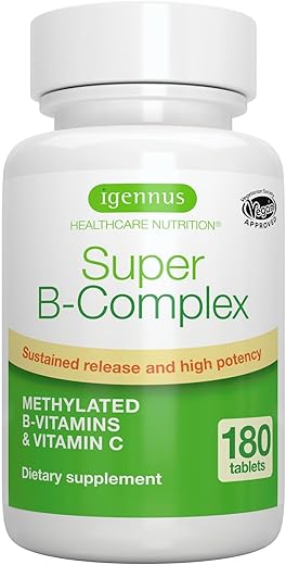 Igennus Healthcare Nutrition - Super B-Complex – Liberação Sustentada Methylated Clean Label B Complex com Methylfolate, B12 Methylcobalamin Reforçado, Vegano, Verificado em Laboratório, 180 Comprimidos Pequenos por Igennus