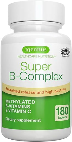 Igennus Healthcare Nutrition - Super B-Complex – Liberação Sustentada Methylated Clean Label B Complex com Methylfolate, B12 Methylcobalamin Reforçado, Vegano, Verificado em Laboratório, 180 Comprimidos Pequenos por Igennus