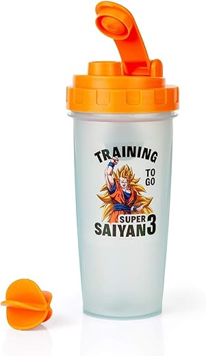 Garrafa Shaker Dragon Ball Z Super Saiyan Goku – 600ml Blender Bottle de Plástico Livre de BPA com Esfera Misturadora – Shake de Proteína, Substituto de Refeição, Mixer de Smoothie – Treino na Academia