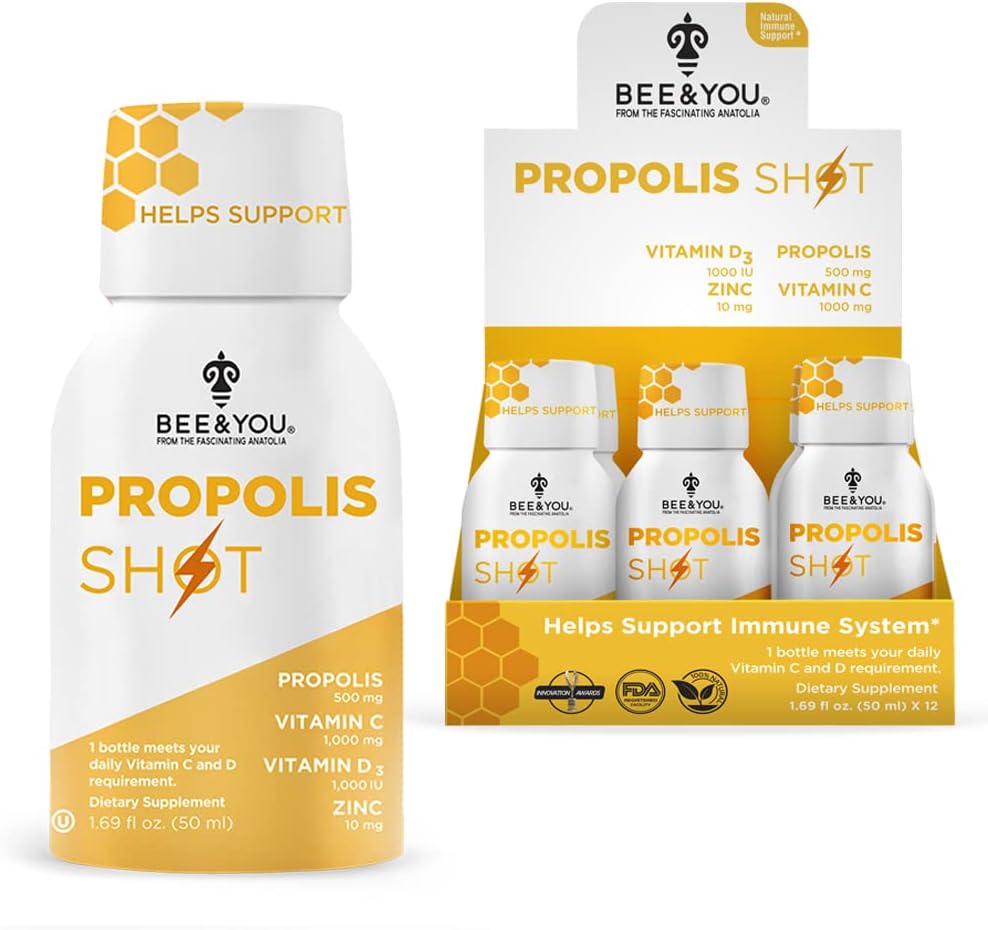 BEE & YOU - BEE and You – Shot de Própolis 100% Natural para Suporte Imunológico, Antioxidantes, Vitamina C, Vit D3, Zinco, Suco de Laranja, Mel Puro, 50 ml x 12 Frascos
