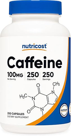 Cápsulas de Cafeína 100mg por Porção, 250 Cápsulas – Energia e Desempenho - Nutricost