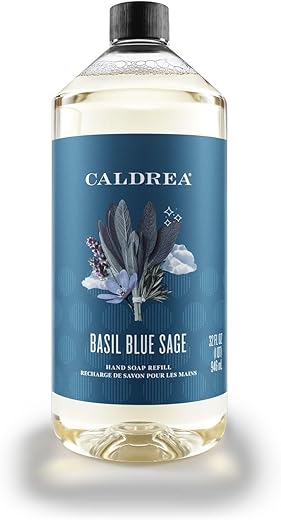 Recarga de Sabonete Líquido Caldrea, Gel de Aloe Vera, Óleo de Oliva e Óleos Essenciais para Limpar e Condicionar, Fragrância Manjericão e Sálvia Azul, 32 ml