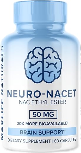 MAXLIFE NATURALS - Neuro NACET – N-Acetil Cisteína Etil Éster – 20x Mais Bioacessível Que NAC 1000mg – Aumento de Glutationa 10x Maior Que Glutationa Lipossomal – Etil Éster de NAC com Glicina – Produto de Alta Qualidade