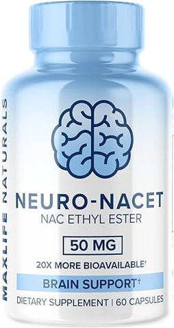 MAXLIFE NATURALS - Neuro NACET – N-Acetil Cisteína Etil Éster – 20x Mais Bioacessível Que NAC 1000mg – Aumento de Glutationa 10x Maior Que Glutationa Lipossomal – Etil Éster de NAC com Glicina – Produto de Alta Qualidade