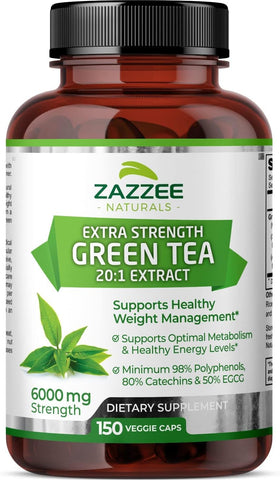 Chá Verde Extrato 20:1 Extra Forte, 6000 mg Potência, 50%% EGCG, 98%% Polifenóis e 80%% Catequinas, 150 Cápsulas Veganas, 5 Meses de Fornecimento, Padronizado e Concentrado - Zazzee